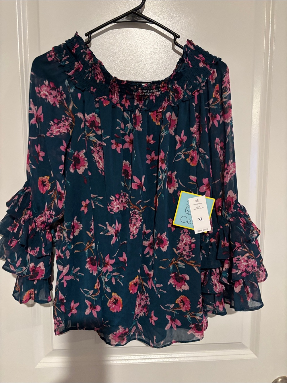 CeCe Teal Floral Off-Shoulder Ruffle Sleeve Blouse